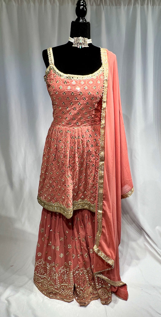Peach Embroidered sequins Sharara suit
