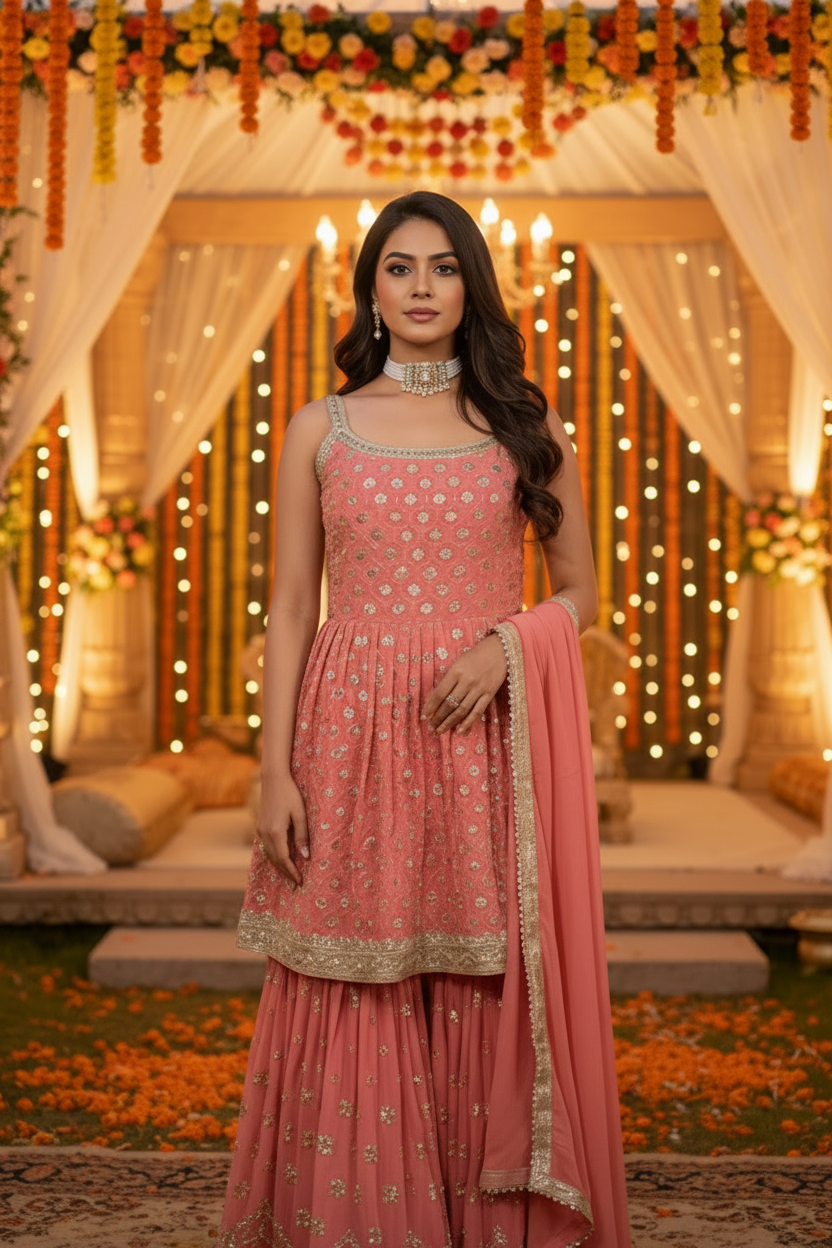 Peach Embroidered sequins Sharara suit