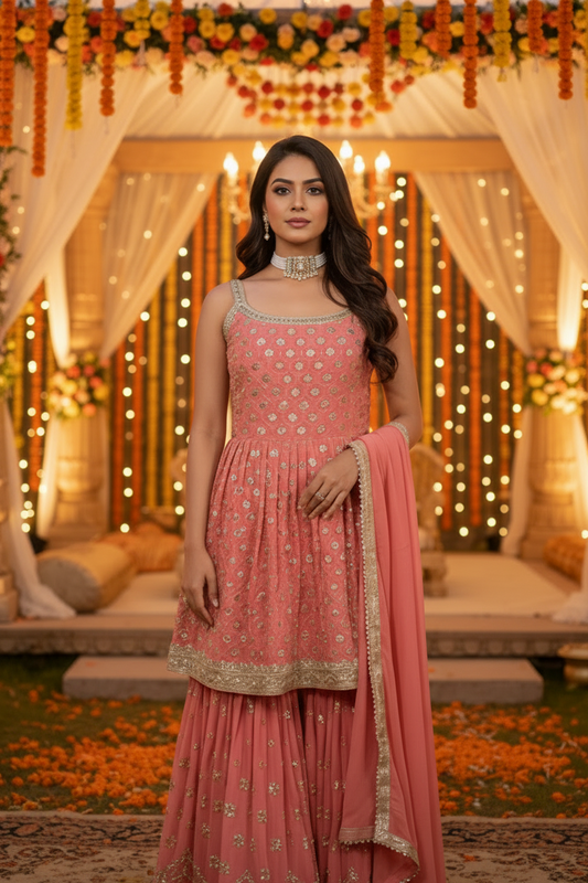 Peach Embroidered sequins Sharara suit