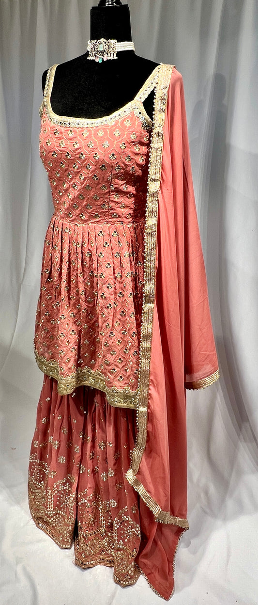 Peach Embroidered sequins Sharara suit