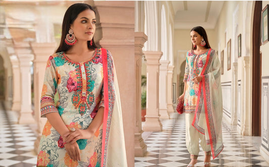 Elegant off-white salwar suit with floral prints