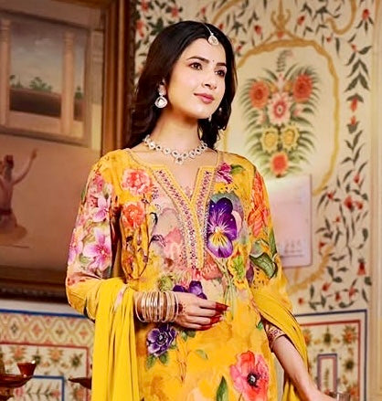 Yellow Muslin Floral Digital Print