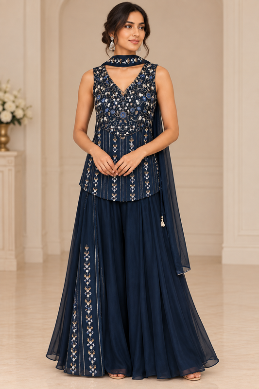 Navy Blue Embroidered Sharara Set with Adjustable Lace-Up Back