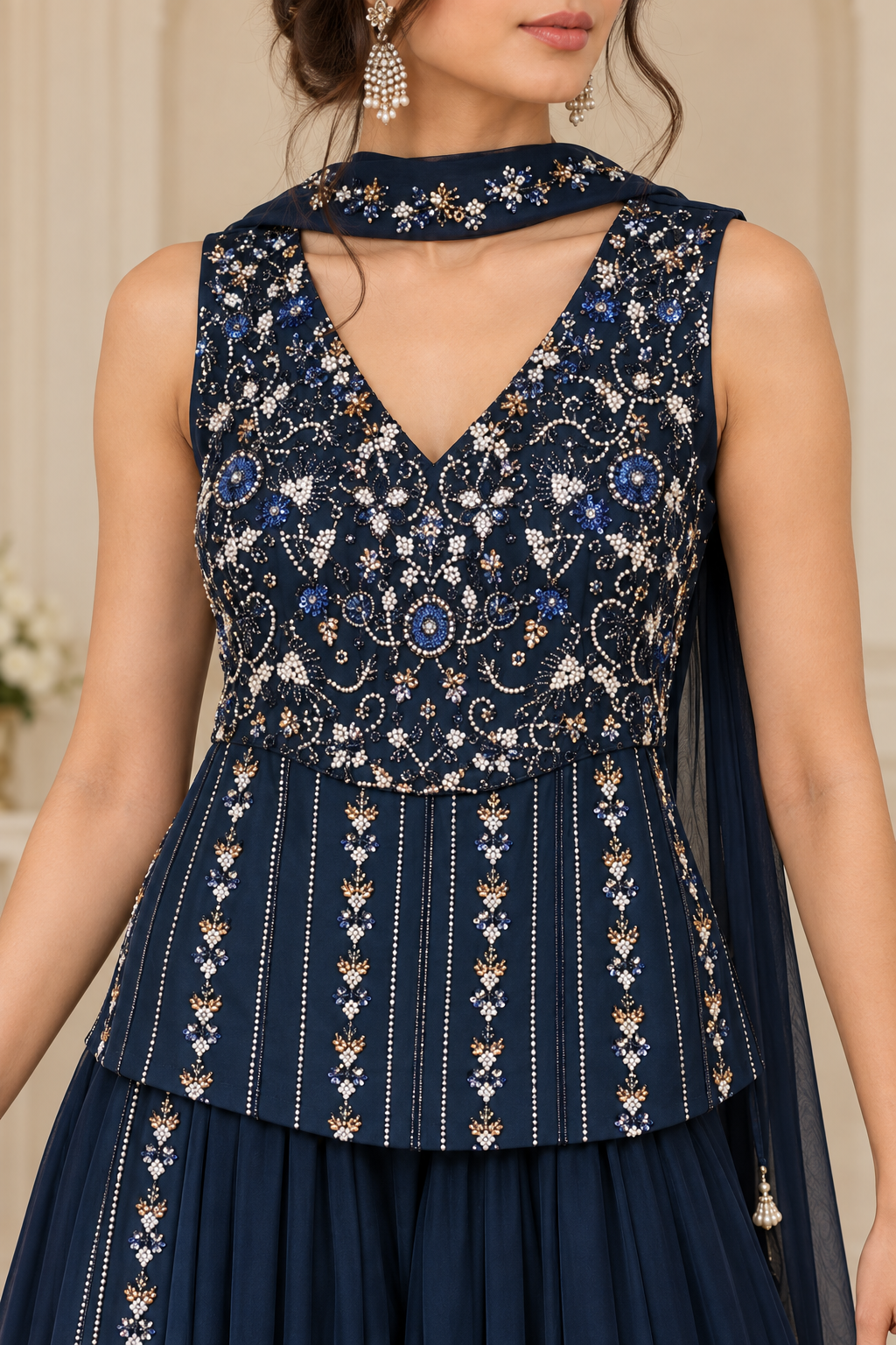 Navy Blue Embroidered Sharara Set with Adjustable Lace-Up Back