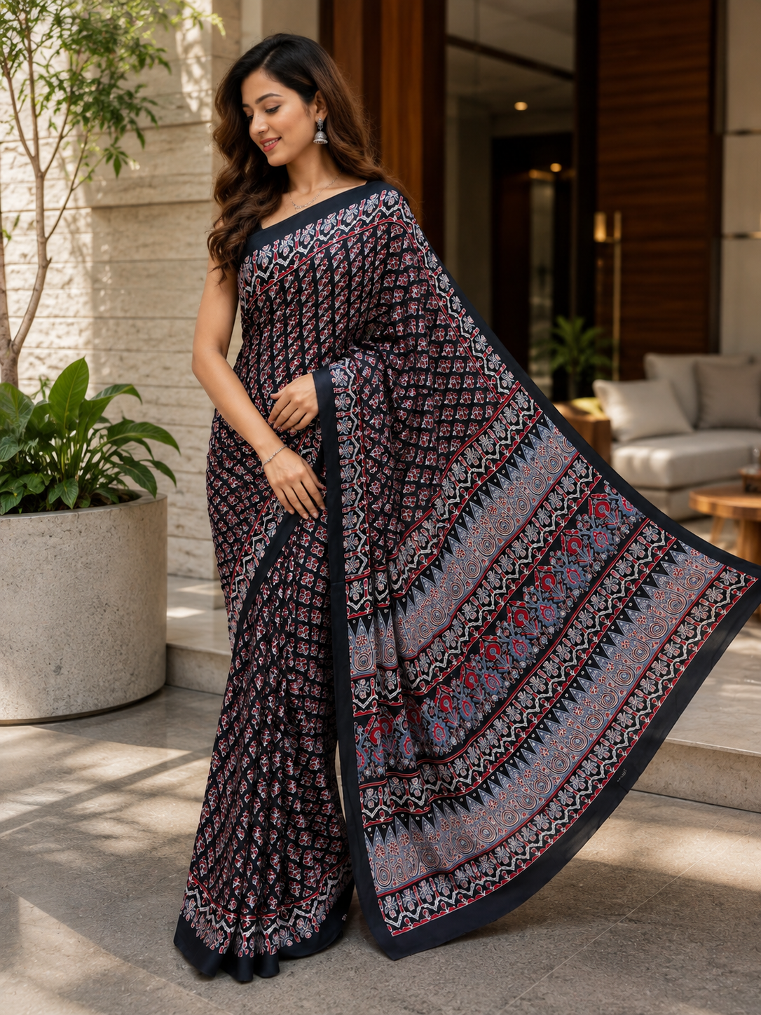 Black Printed Ajrak Modal Saree