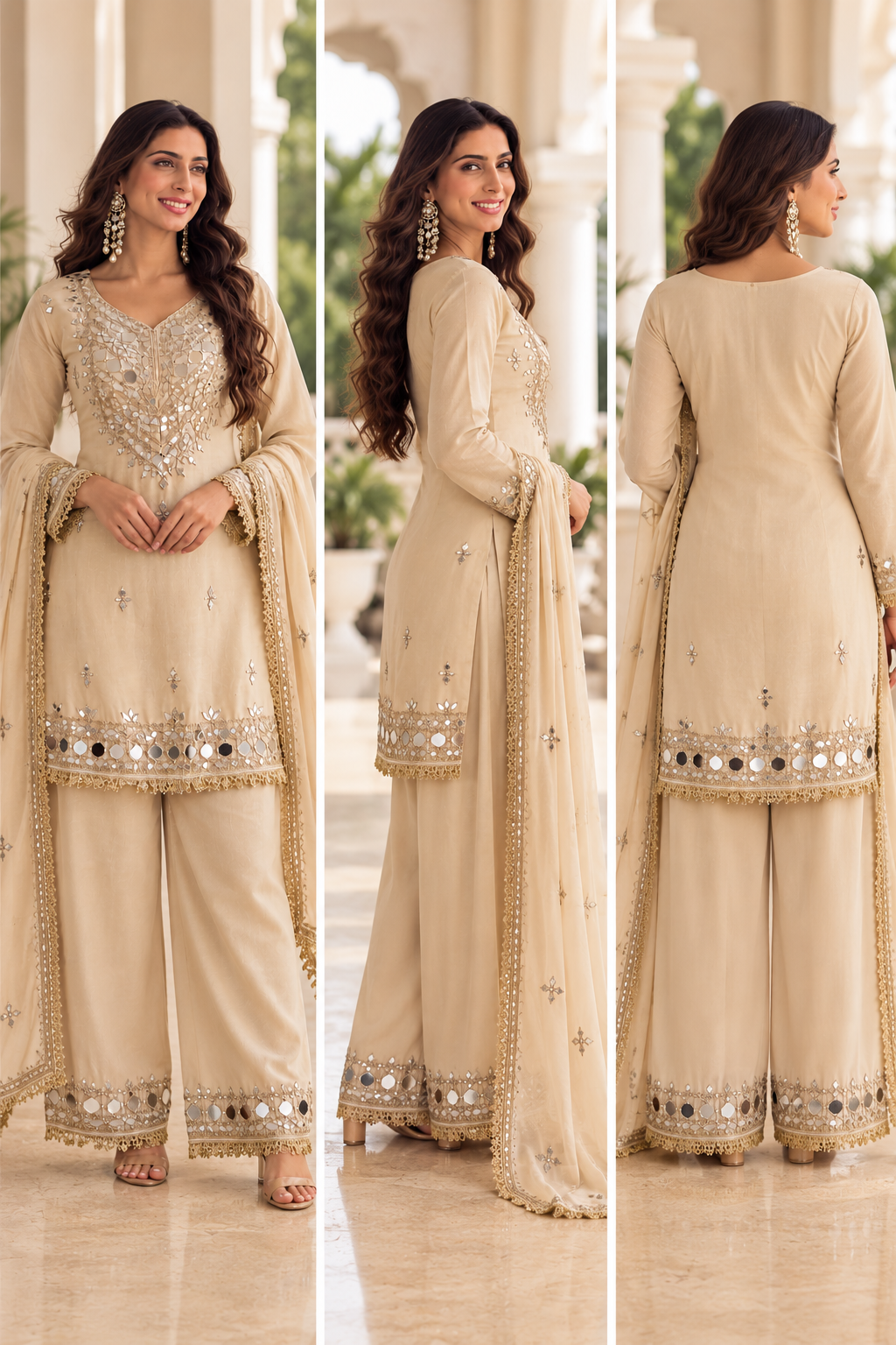 Cream Beige Mirrorwork Embroidered Salwar Suit with Dupatta