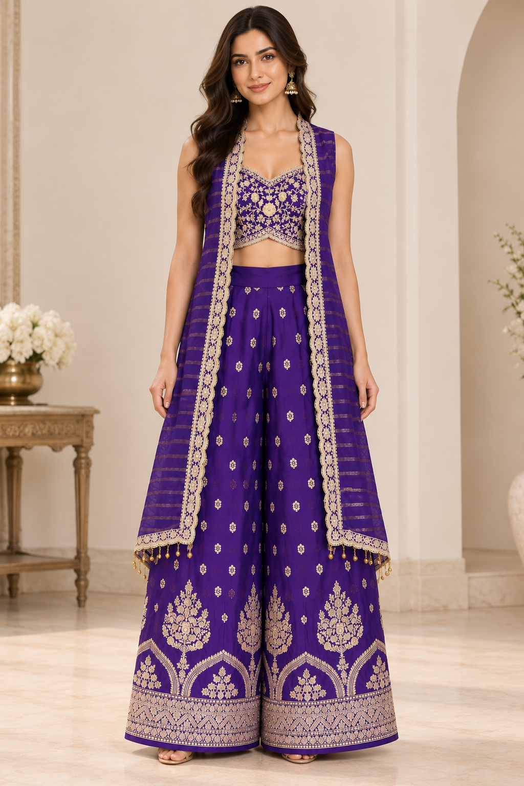 Royal Embroidered Palazzo Set with Sleeveless Jacket (Two Colors)