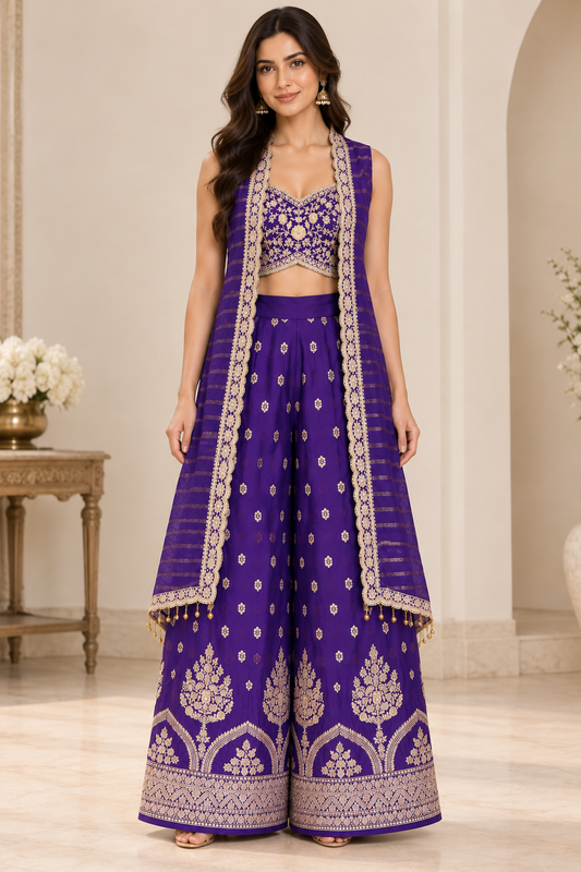 Royal Embroidered Palazzo Set with Sleeveless Jacket (Two Colors)