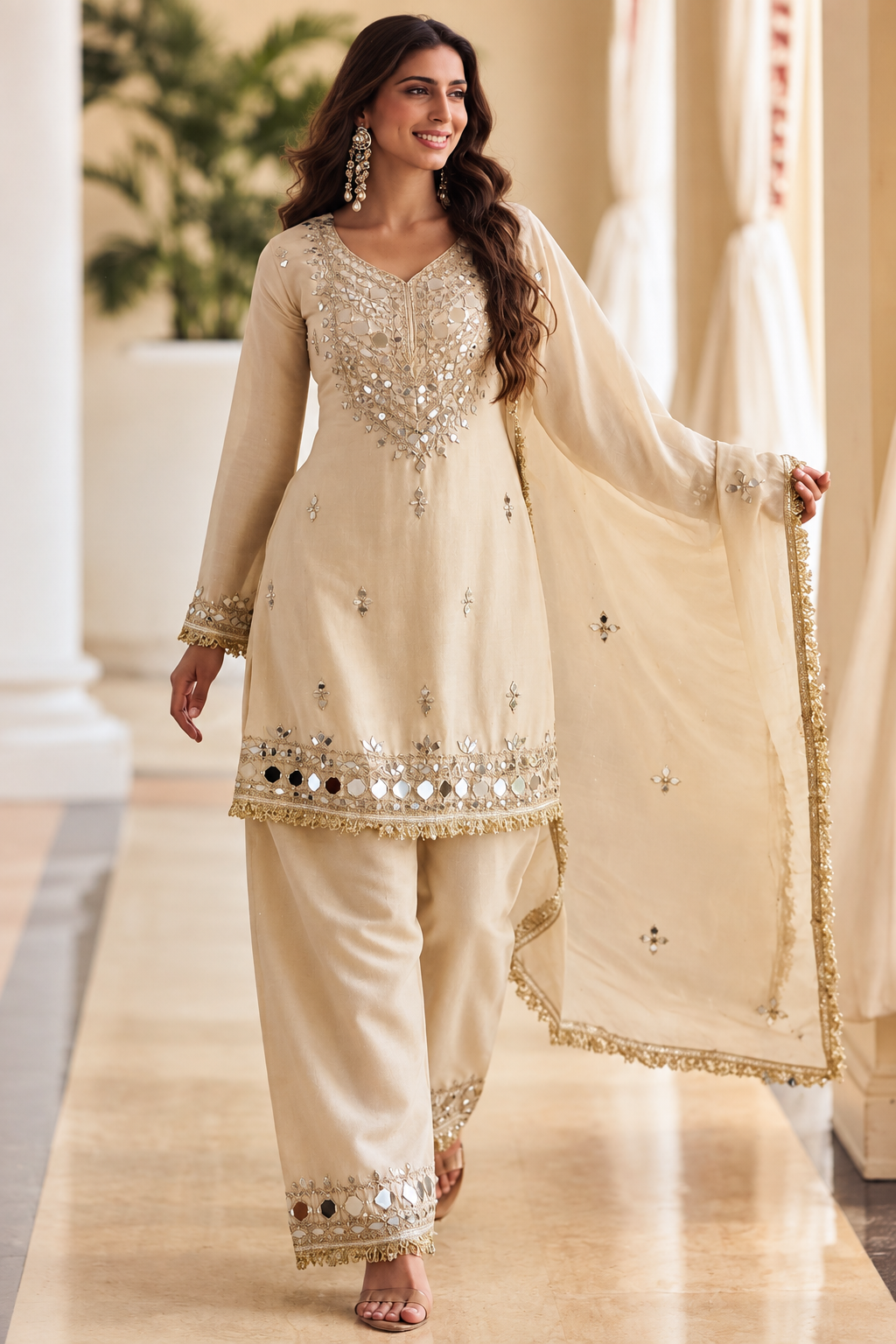 Cream Beige Mirrorwork Embroidered Salwar Suit with Dupatta