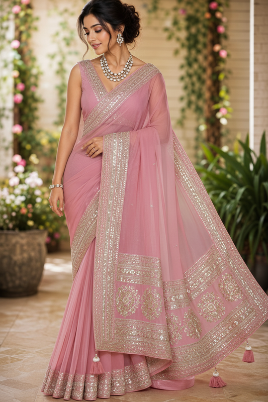 Blush Rose Embroidered Georgette Saree