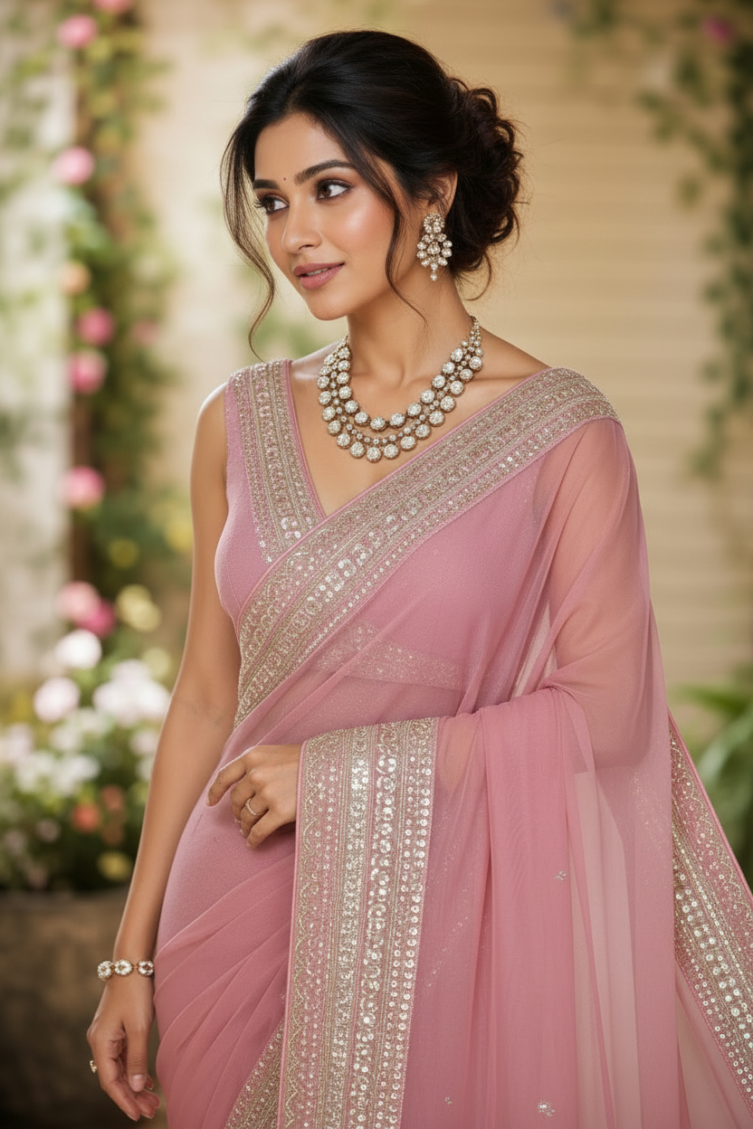 Blush Rose Embroidered Georgette Saree