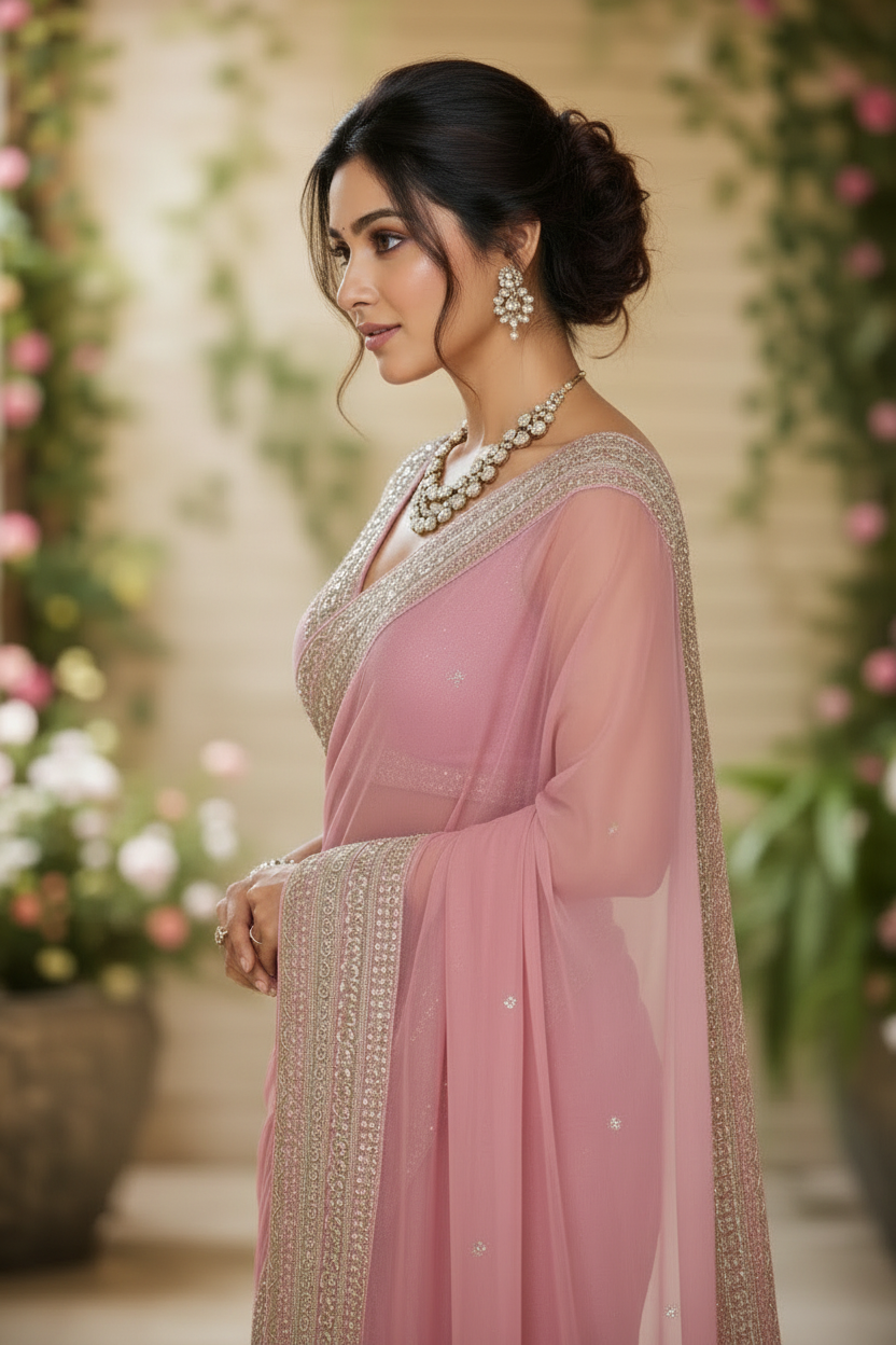 Blush Rose Embroidered Georgette Saree