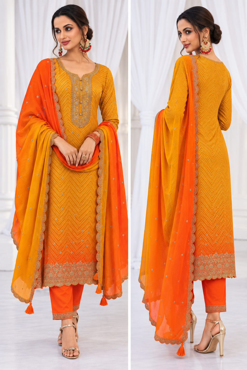 Mustard Gold & Orange Embroidered Salwar Kameez Set with Dupatta