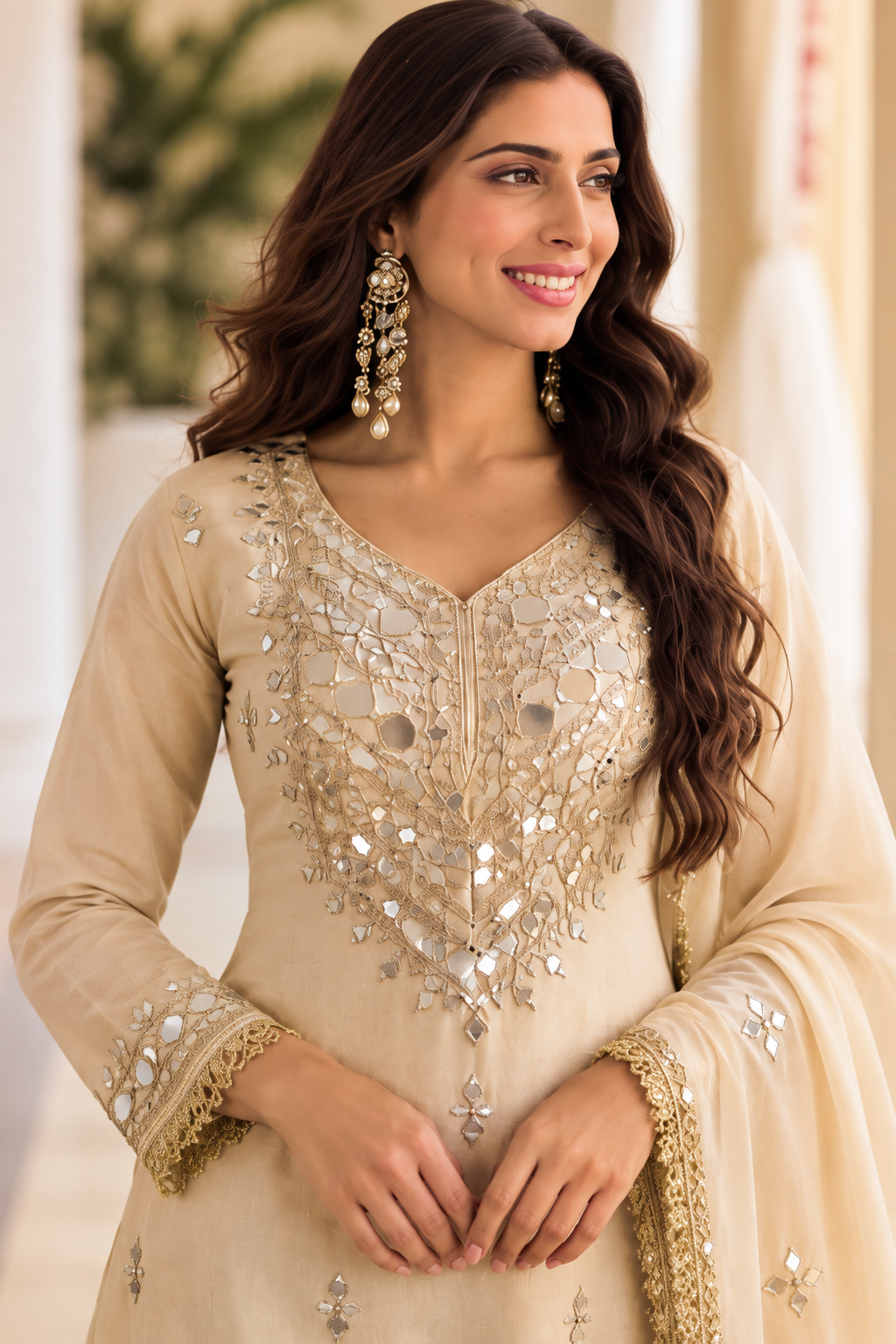 Cream Beige Mirrorwork Embroidered Salwar Suit with Dupatta