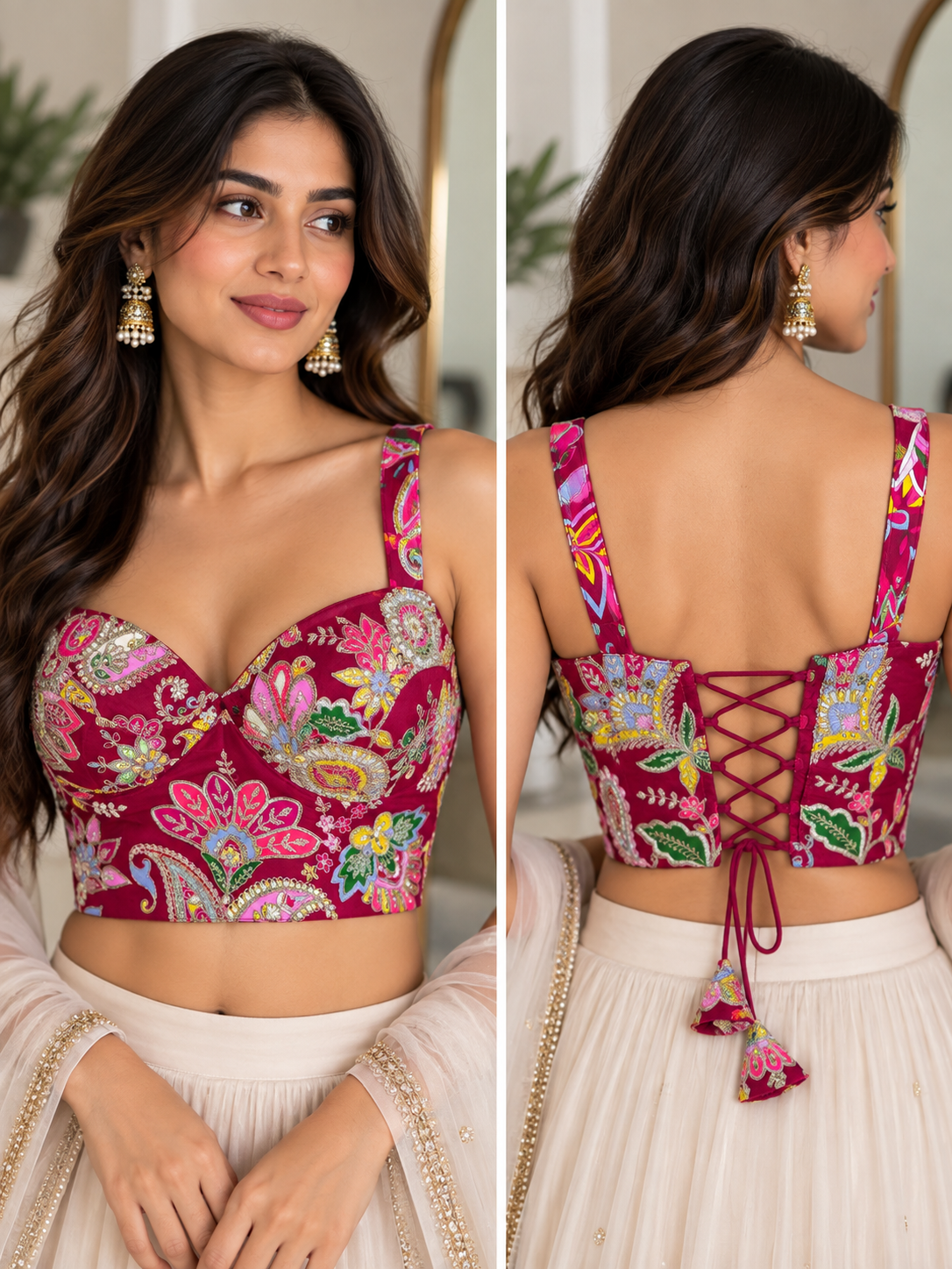 Adjustable Multicolor Embroidered Sweetheart Blouse