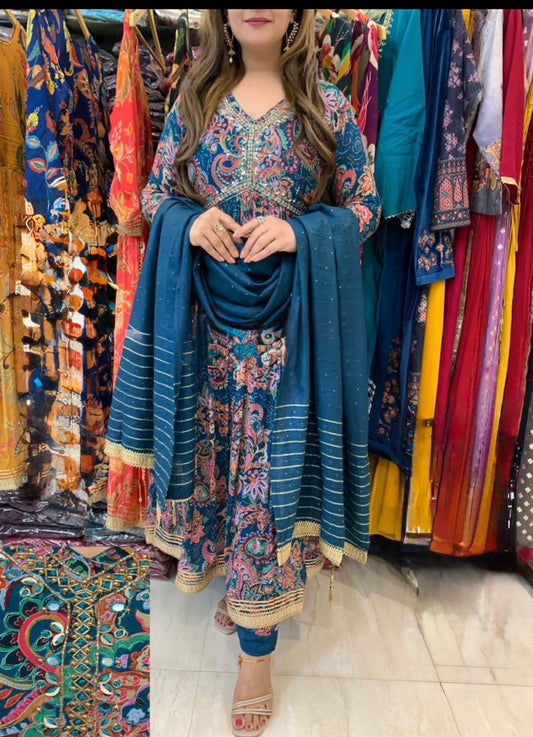 Elegant printed Anarkali suit with golden lace