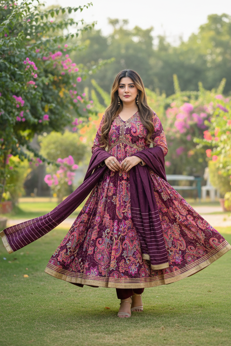 Elegant printed Anarkali suit with golden lace