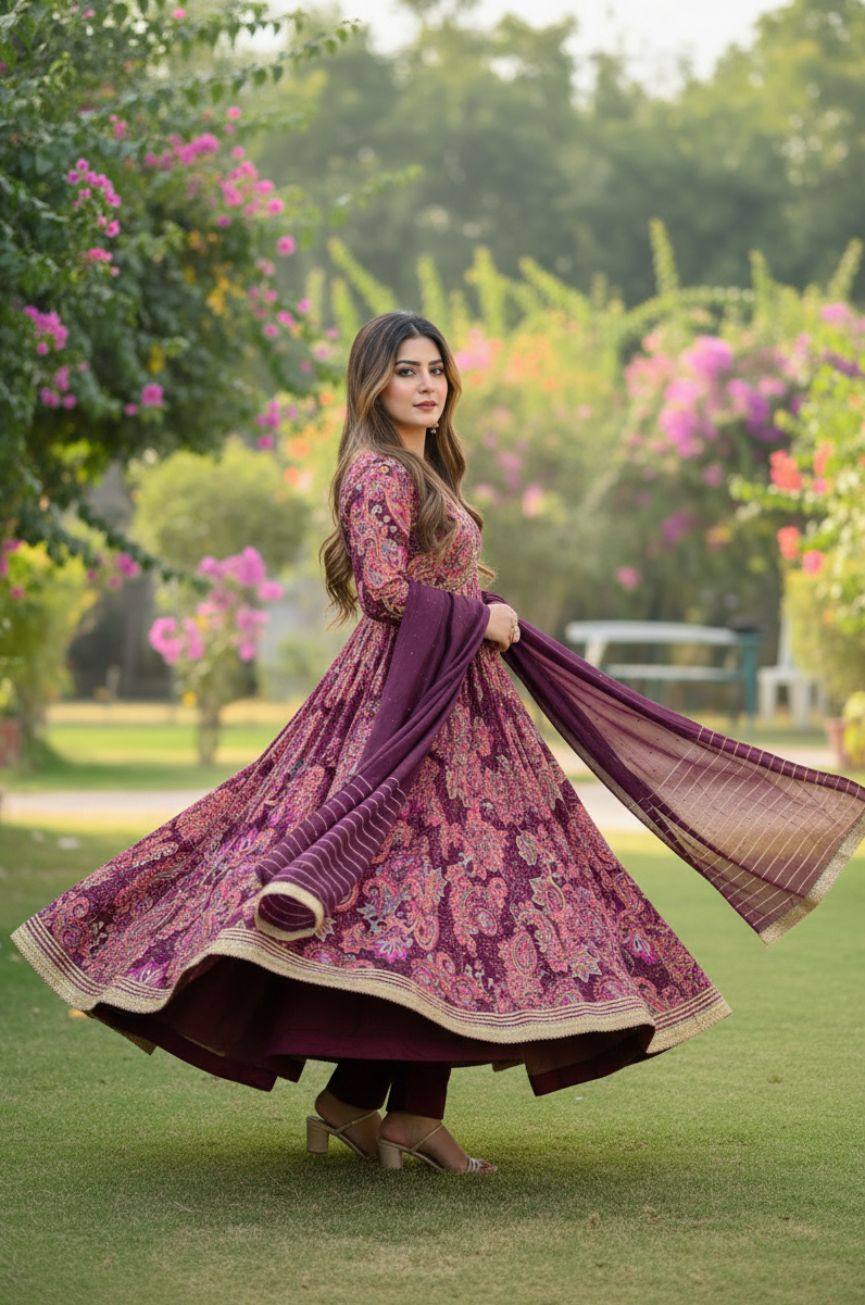 Elegant printed Anarkali suit with golden lace