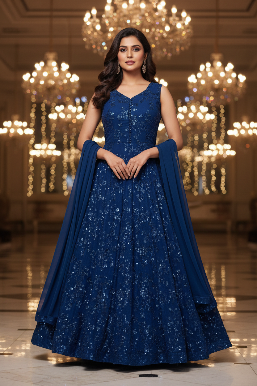 Dark Sapphire Blue Kashmiri Mughal Style Embroidered Party Gown