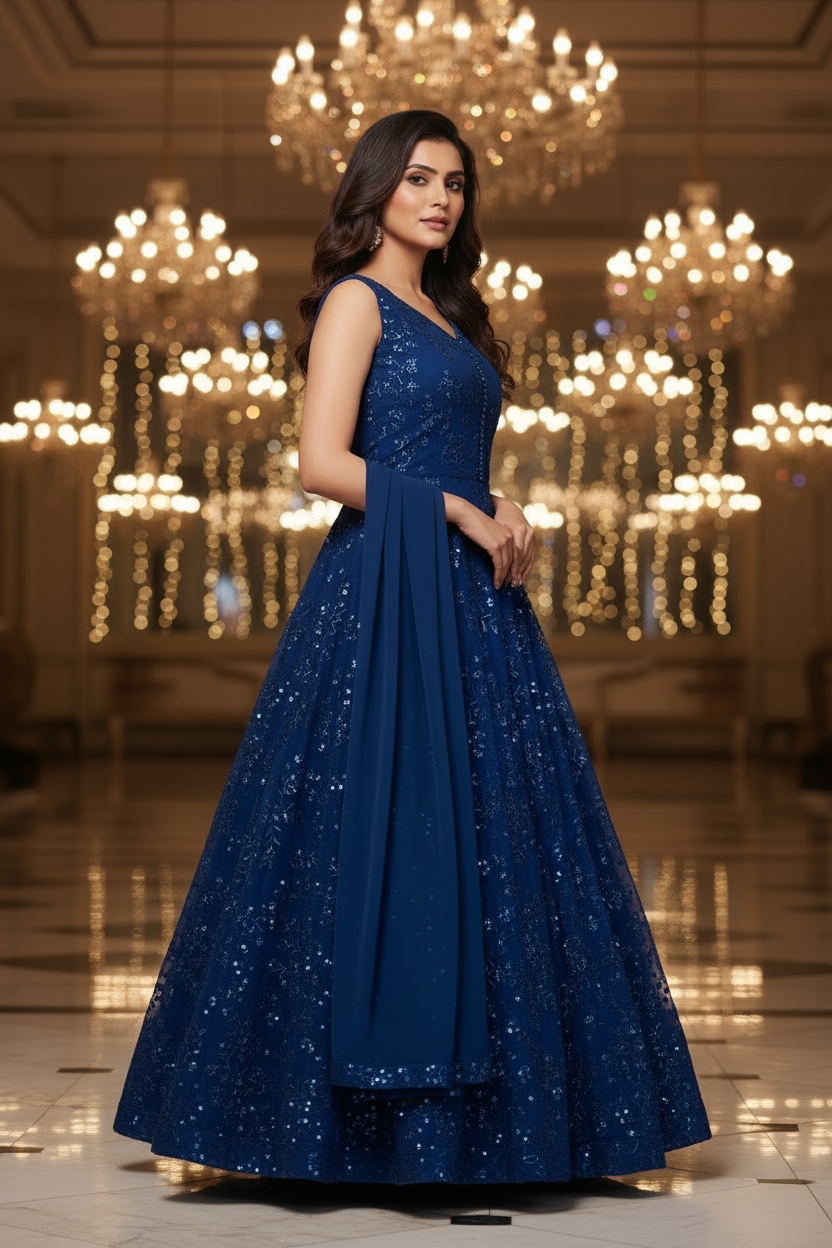 Dark Sapphire Blue Kashmiri Mughal Style Embroidered Party Gown