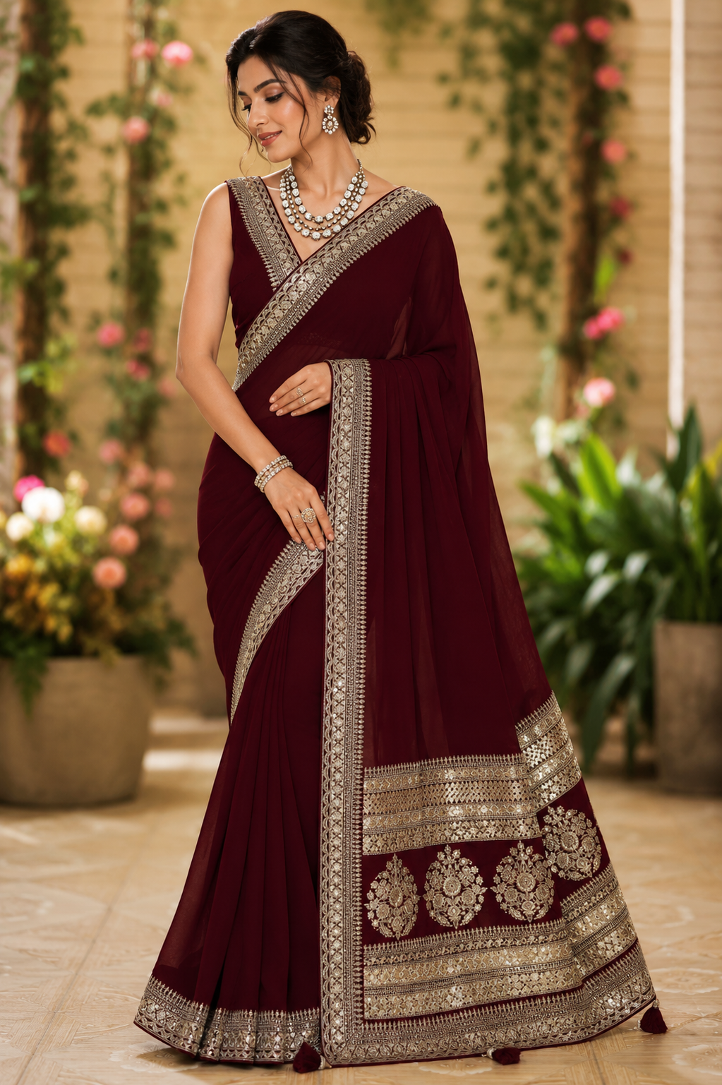 Regal Burgundy Georgette Saree