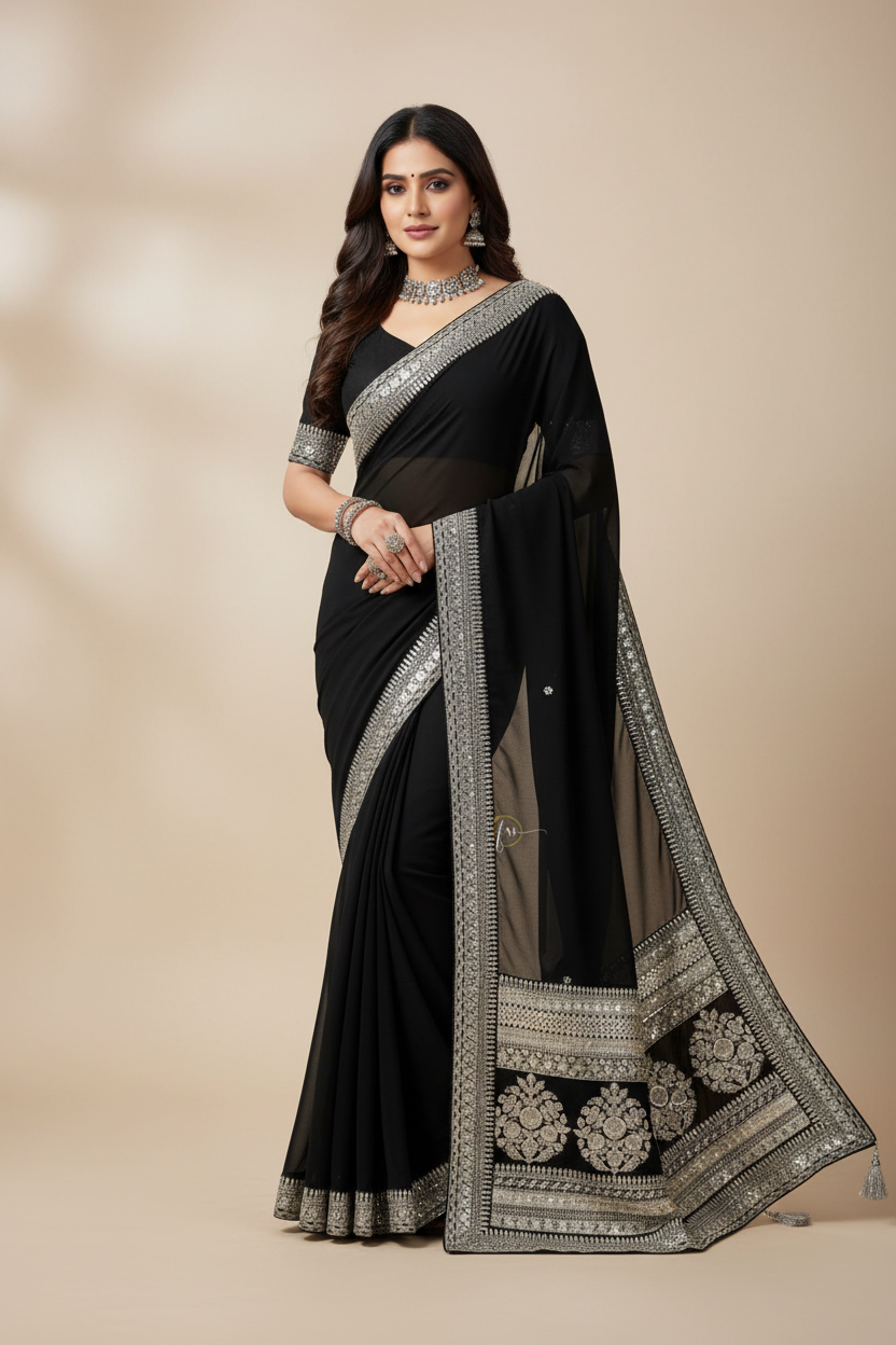 Midnight Noir Embroidered Saree