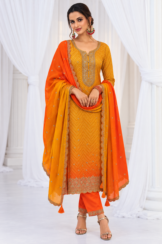 Mustard Gold & Orange Embroidered Salwar Kameez Set with Dupatta