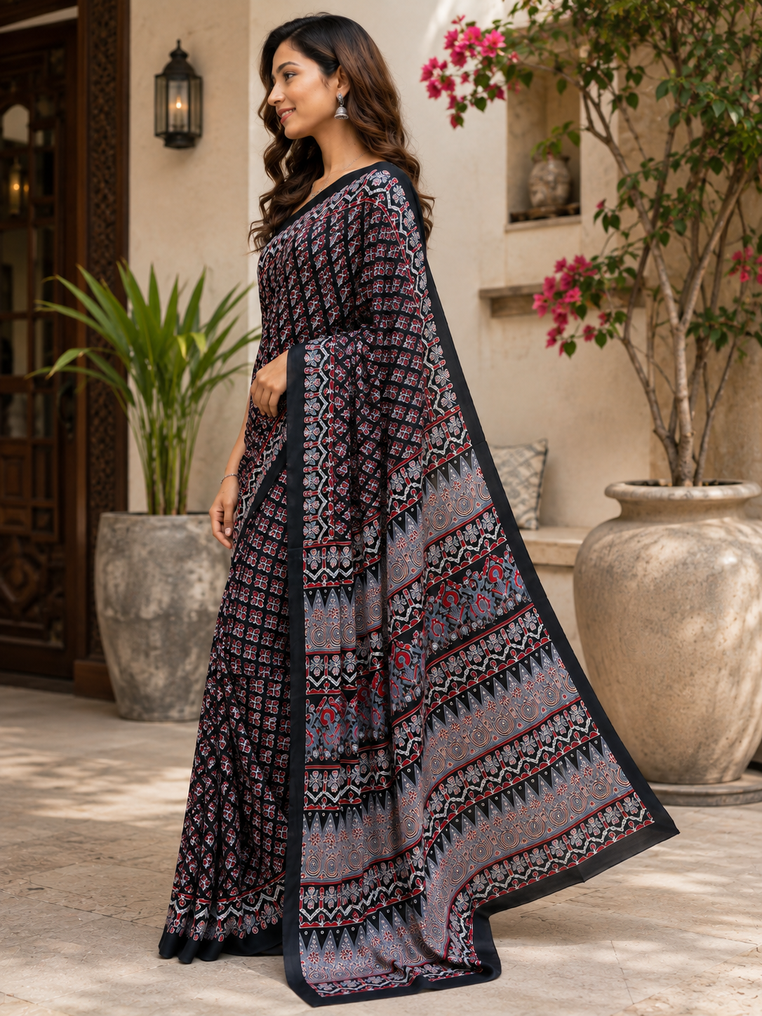 Black Printed Ajrak Modal Saree