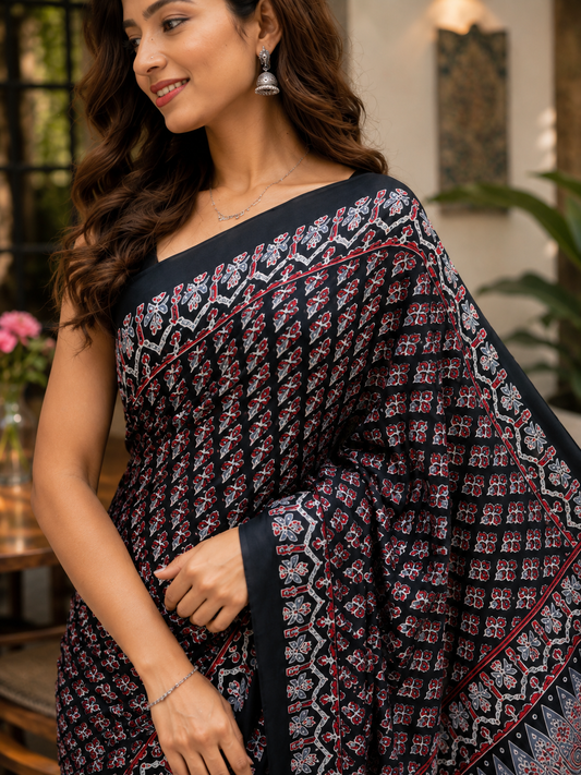 Black Printed Ajrak Modal Saree