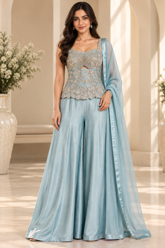 Pastel Ice Blue Embroidered Palazzo Set with Sequined Crop Top & Dupatta