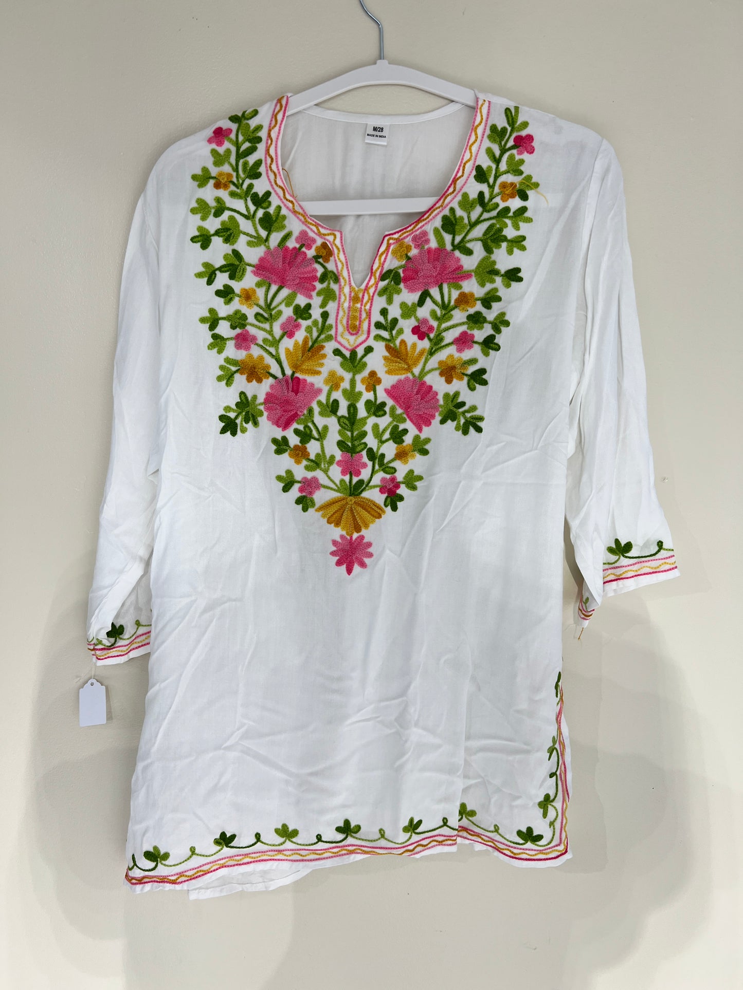 Embroidered white cotton short kurti
