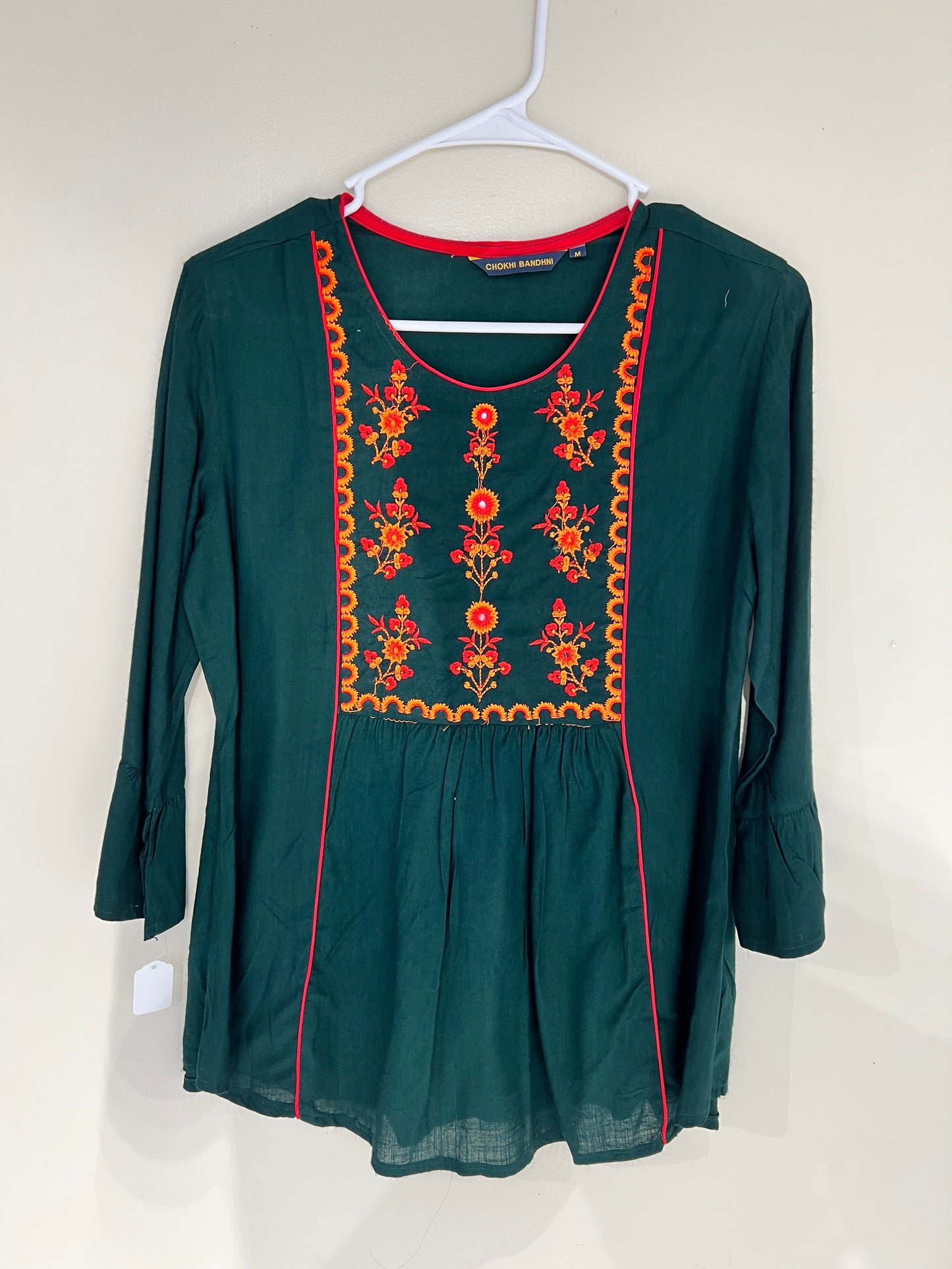 Embroidered green cotton short kurti