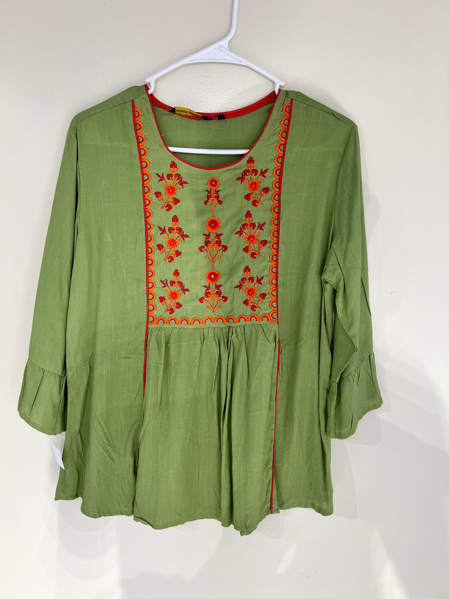 Embroidered light green cotton short kurti