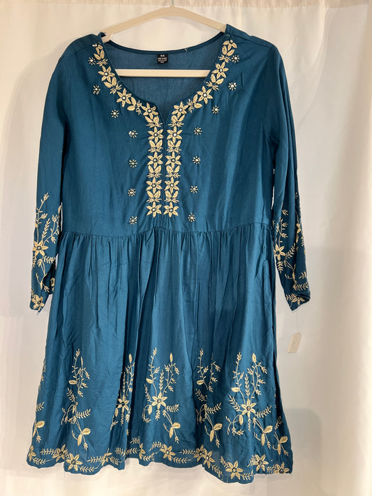 Embroidered blue cotton short kurti