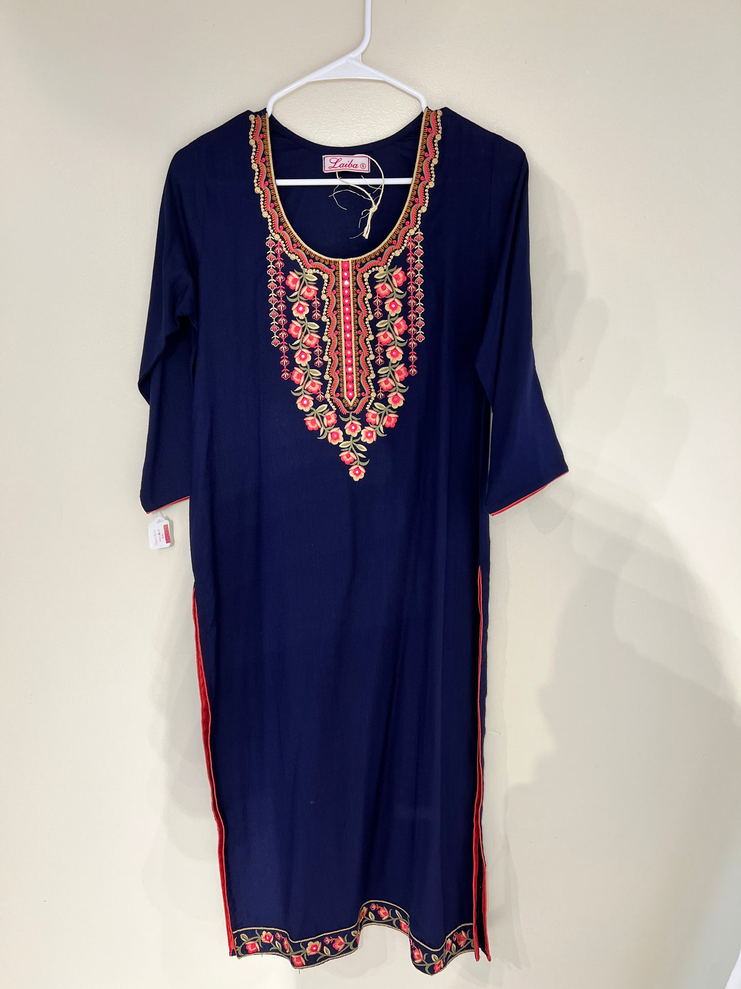 Embroidered blue cotton long kurti