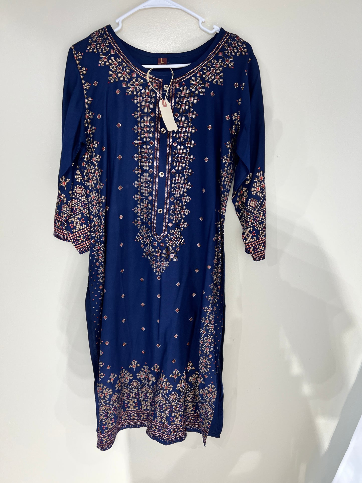 Printed blue cotton long kurti