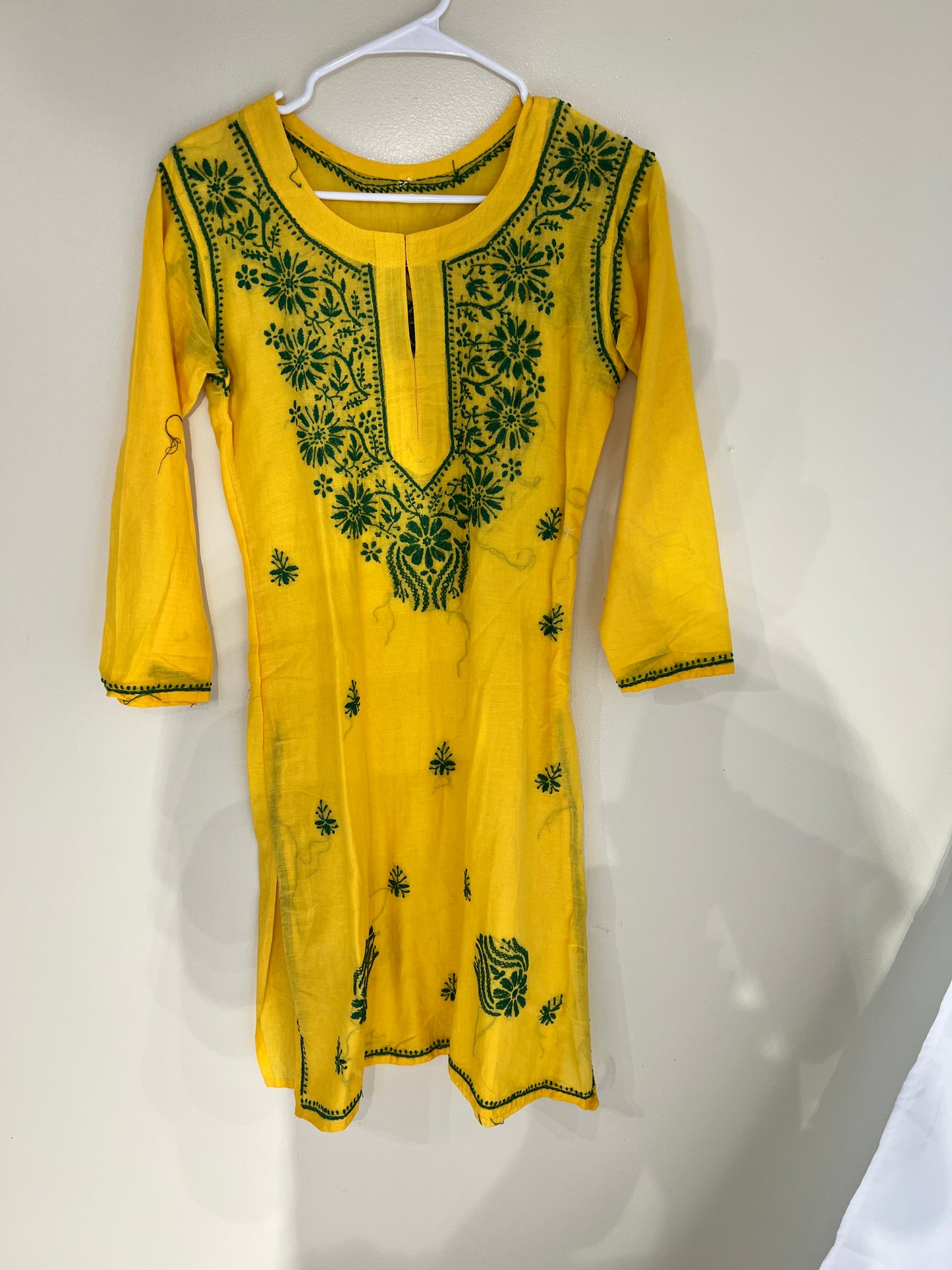 Embroidered yellow cotton long kurti