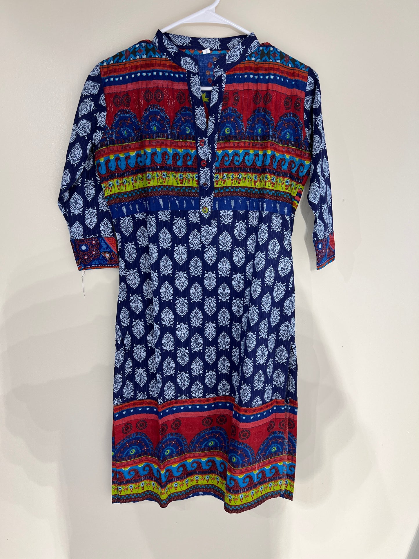 Printed blue cotton long kurti