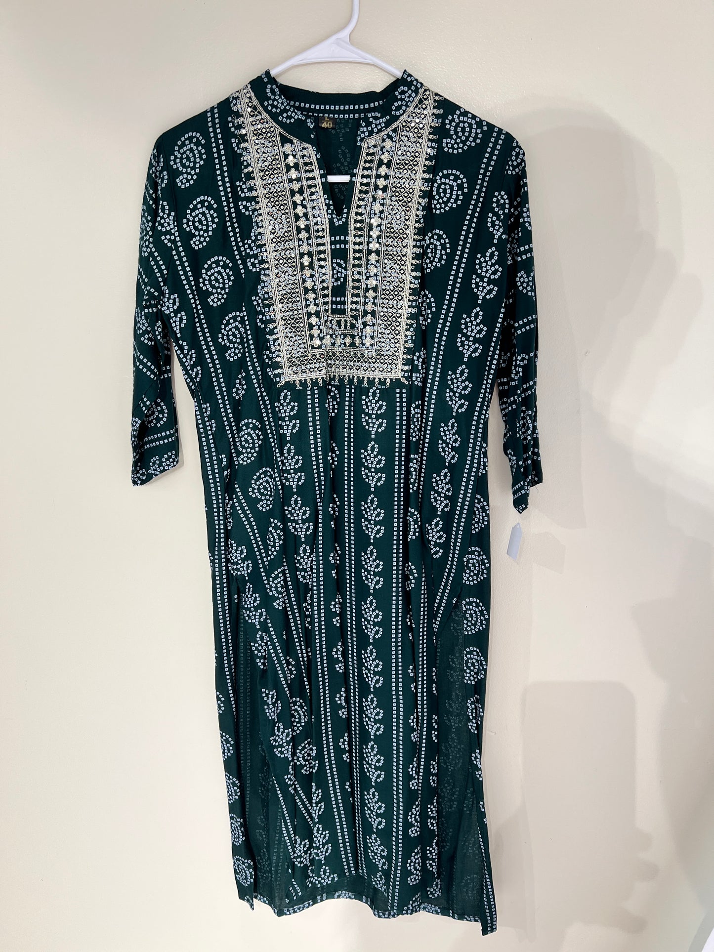 Printed green cotton long kurti