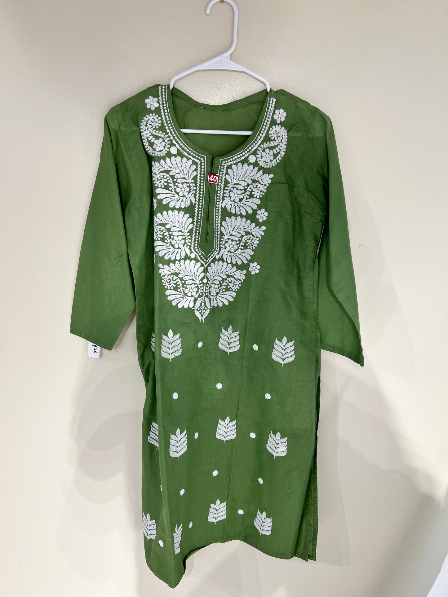 Embroidered light green cotton long kurti