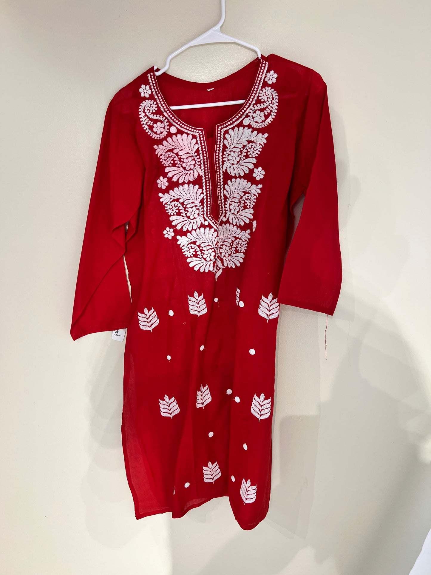 Embroidered red cotton long kurti