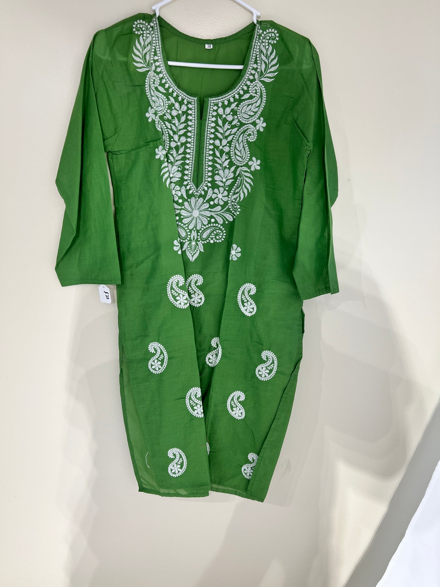 Embroidered light green cotton long kurti