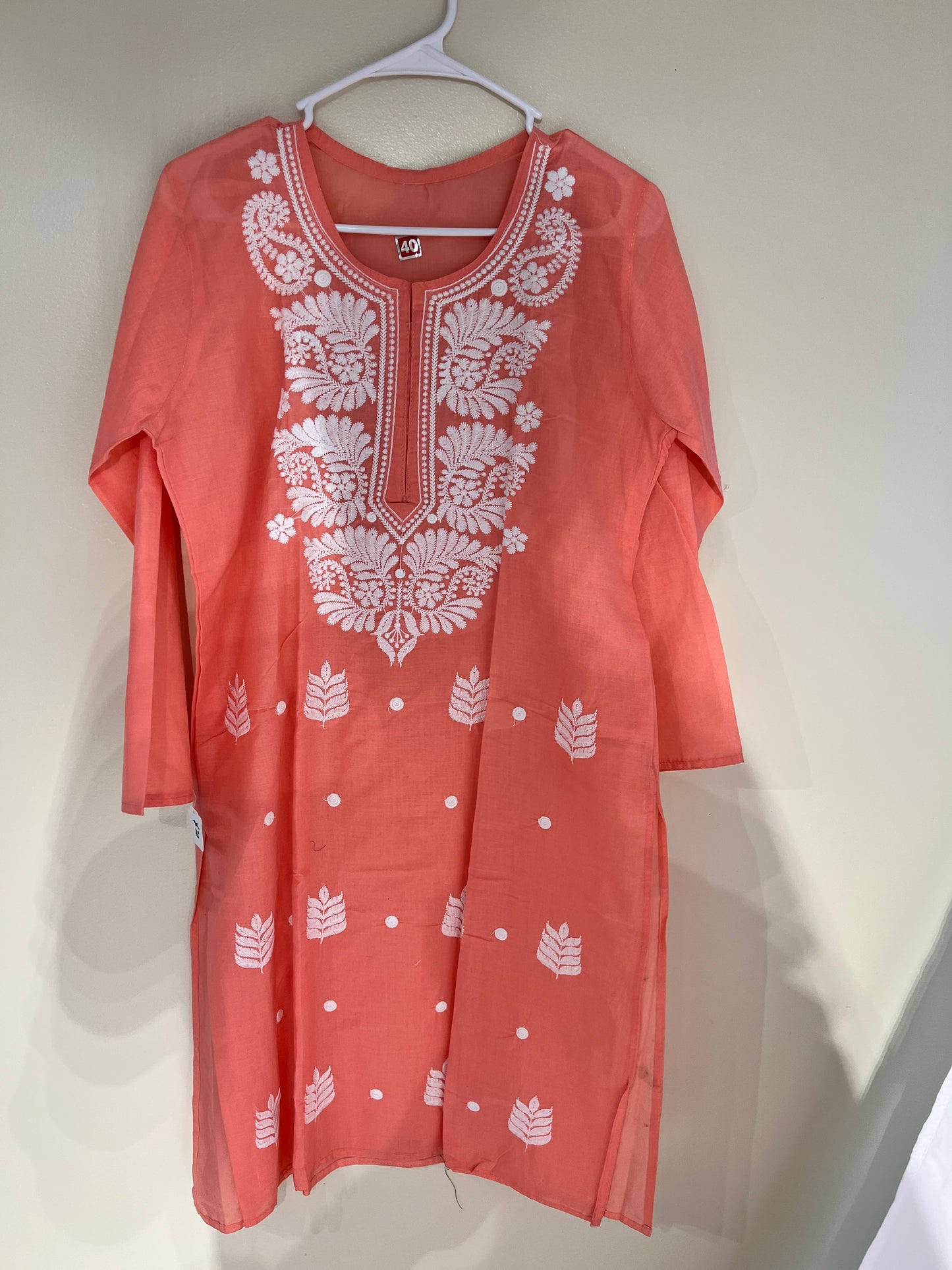 Embroidered peach cotton long kurti