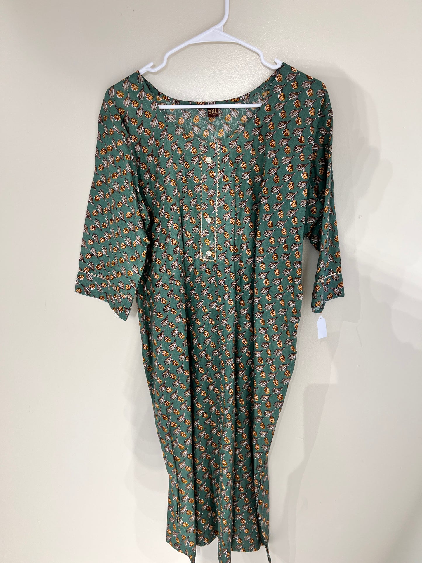 Printed green cotton long kurti