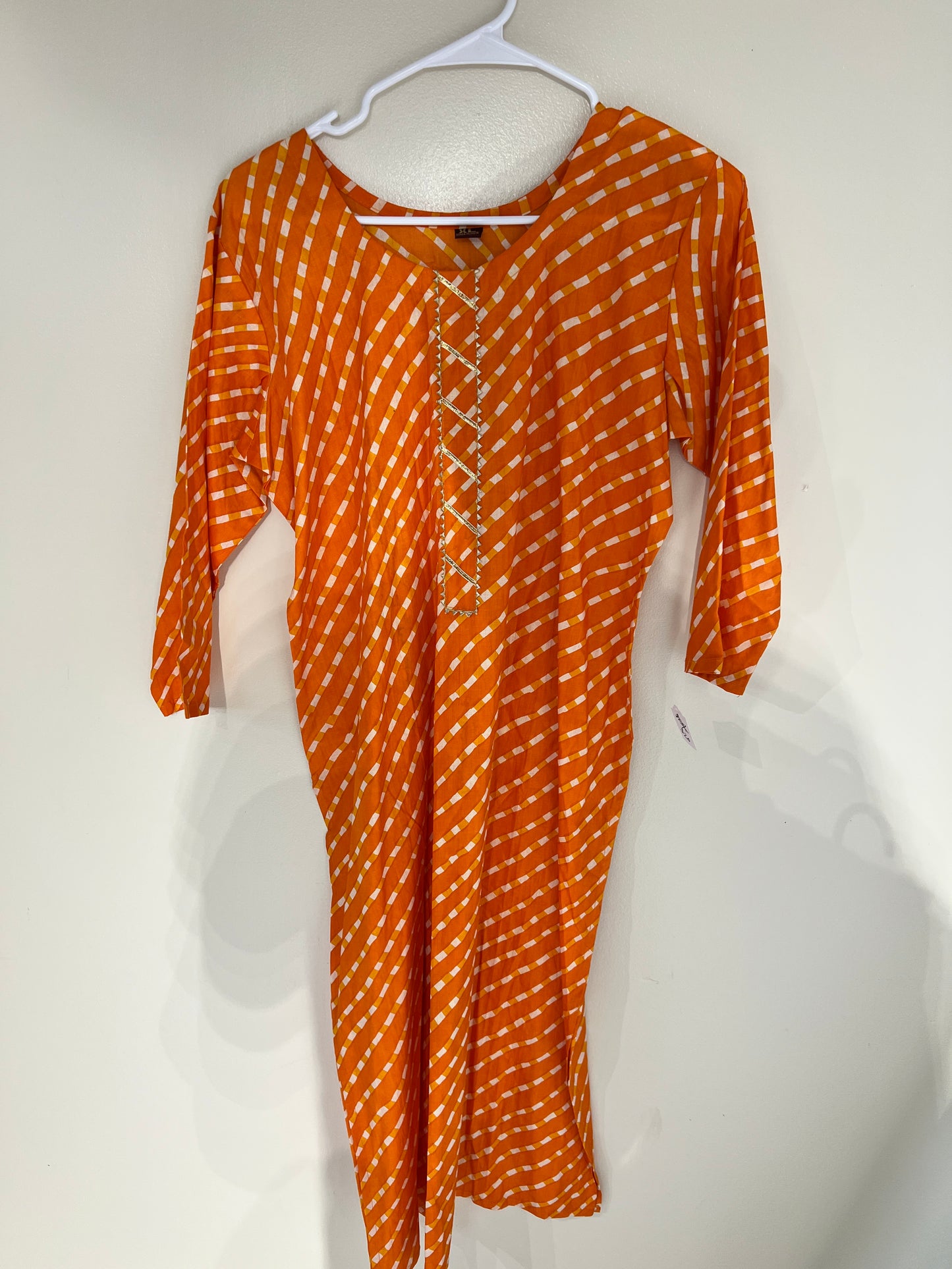 Printed orange cotton long kurti