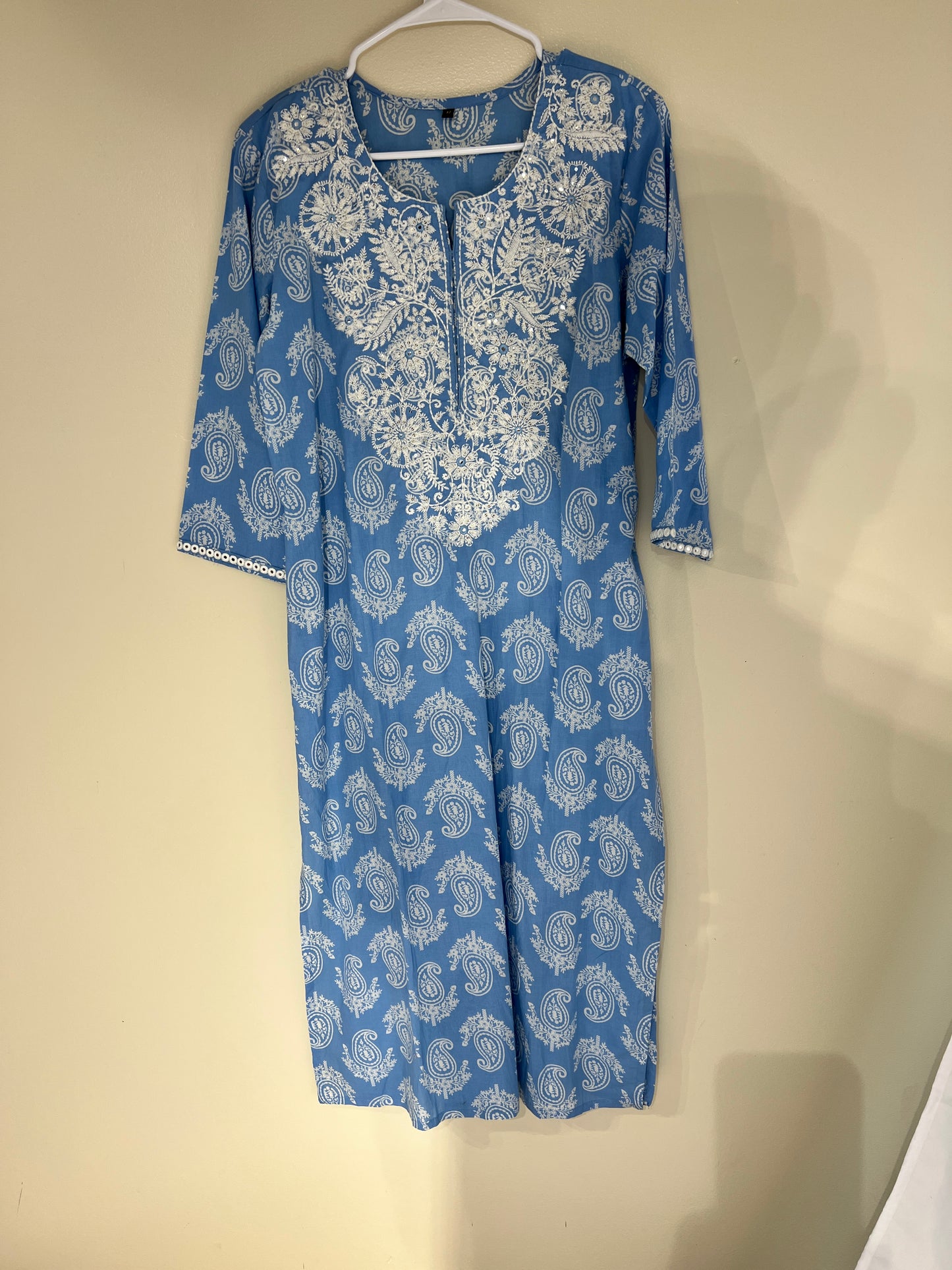 Printed light blue cotton long kurti
