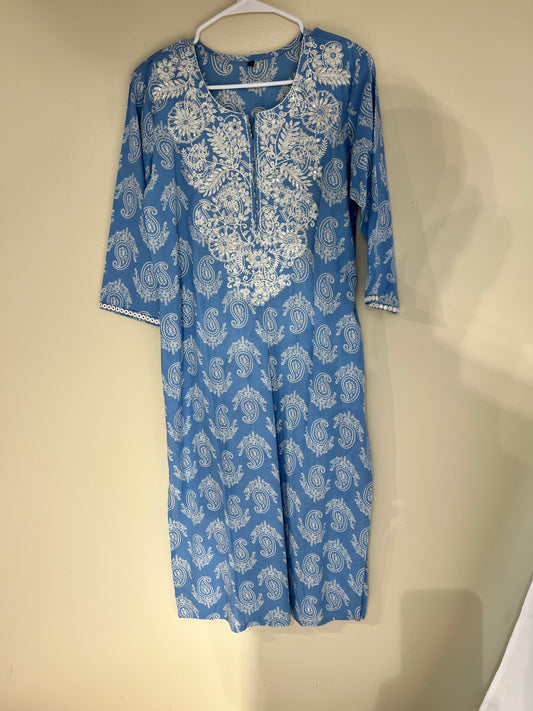 Printed light blue cotton long kurti