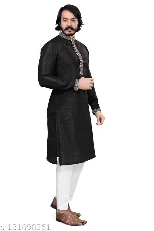 Black Jacquard Kurta with White Cotton Pajama Set