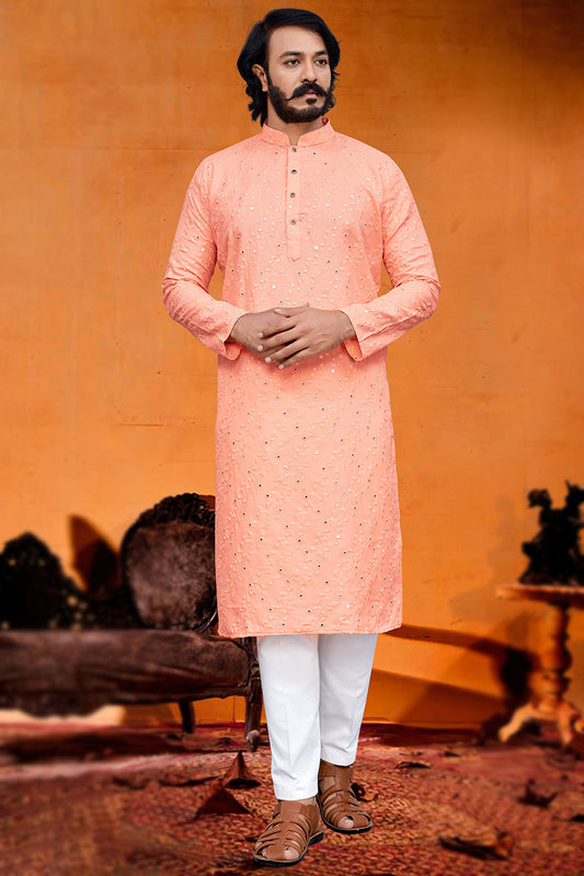 Light peach mirror work Kurta Churidar Set Art Silk