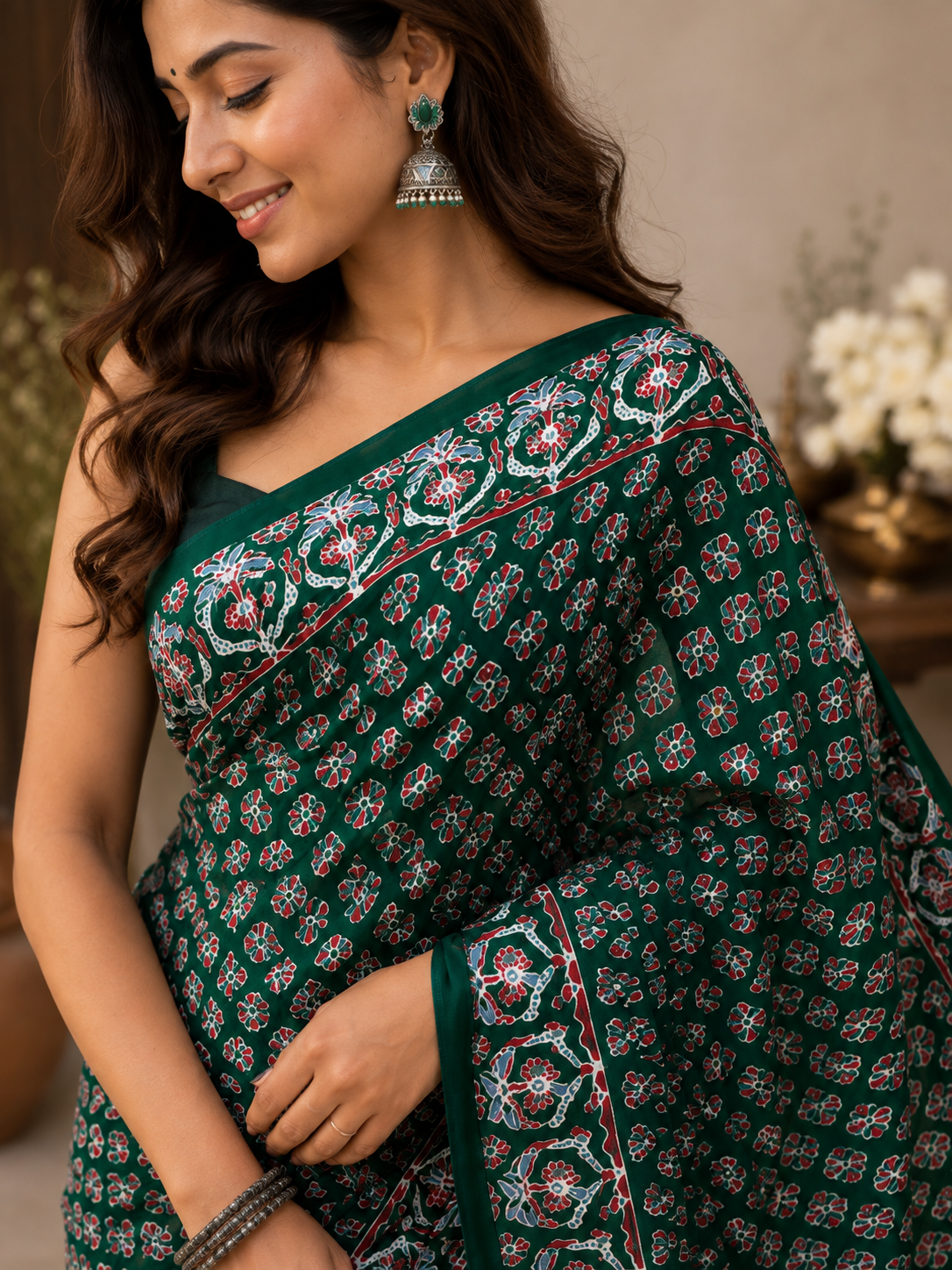 Emerald Green Floral Printed Saree